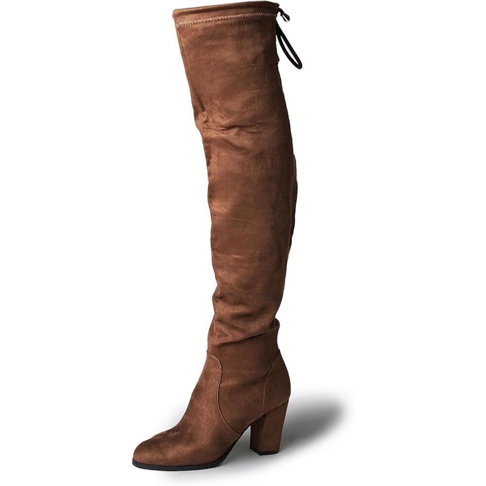 Women Khaki Vegan Suede Polyurethane Over-the-Knee Chunky Heel Rounded Toe Boot